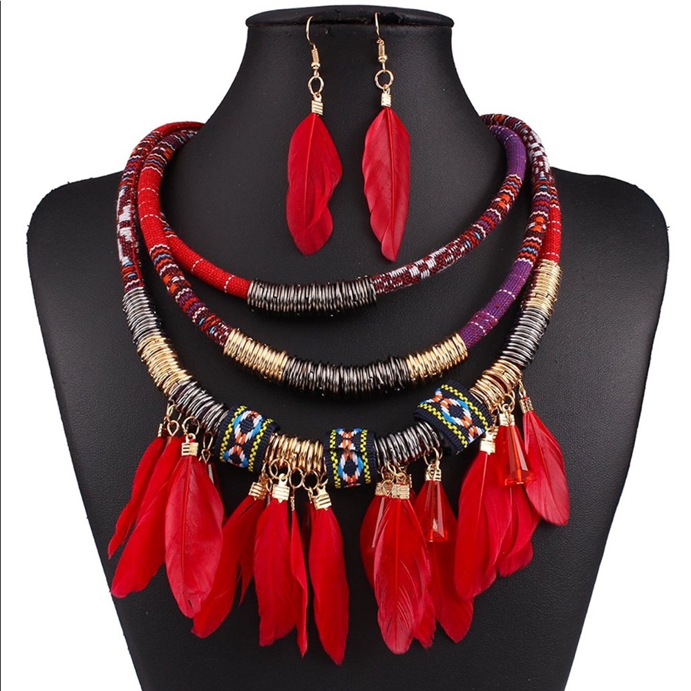 Tribal Feather Necklace & Earring Set